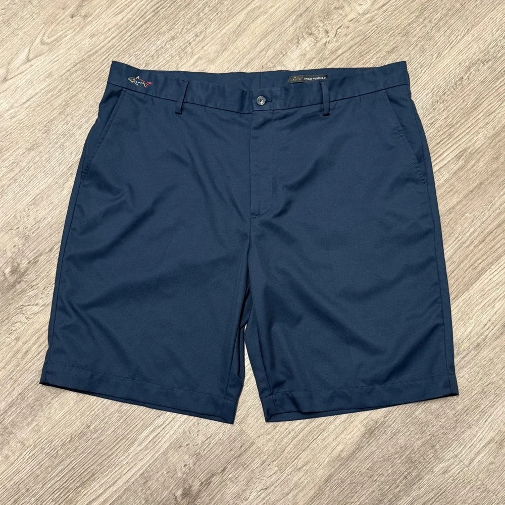 Greg Norman Mens Navy Blue Golf Shorts Size 40 Performance Flat Front Shark Logo